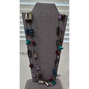 Multicolored Stones And Beads Long Single Strand Necklace 33"